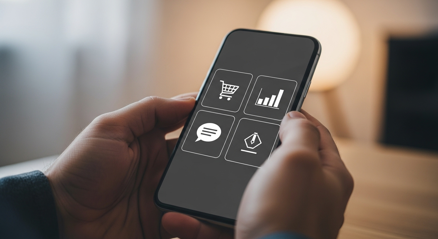 Cận cảnh bàn tay cầm điện thoại tại nhà, màn hình hiển thị các biểu tượng ứng dụng đa dạng cho hoạt động online, gợi ý về cách kiếm tiền online tại nhà bằng điện thoại hiệu quả.