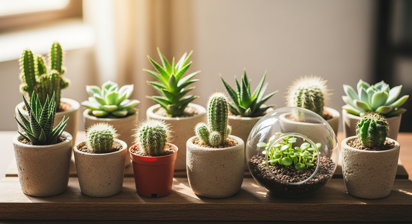 Kệ gỗ trưng bày cây cảnh mini đa dạng (sen đá, xương rồng, terrarium) dưới nắng ấm, gợi ý cách kiếm tiền tại nhà qua kinh doanh online.