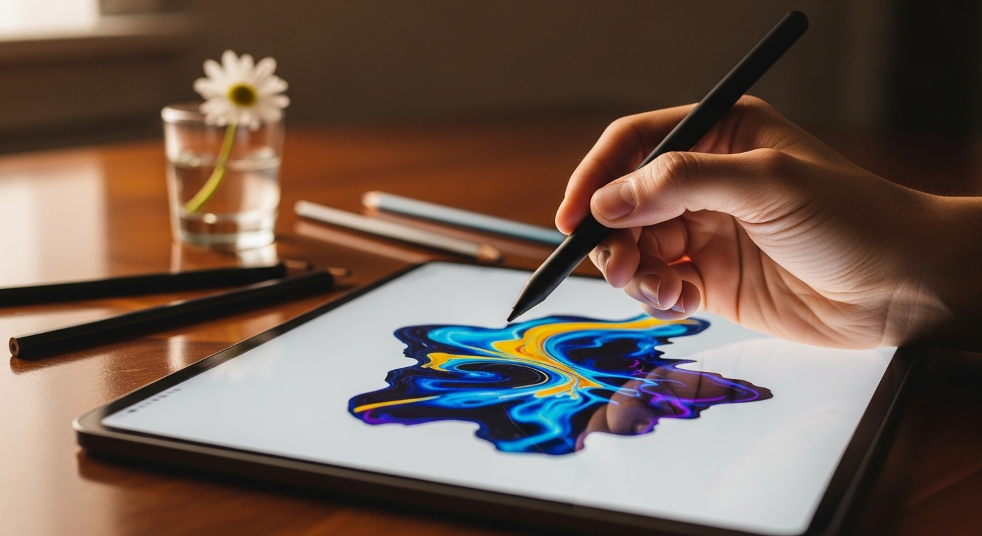 Tay cầm bút cảm ứng trên máy tính bảng tạo thiết kế đồ họa trừu tượng. Bàn làm việc sạch sẽ với bút chì màu và hoa, minh họa công việc sáng tạo để kiếm tiền tại nhà.