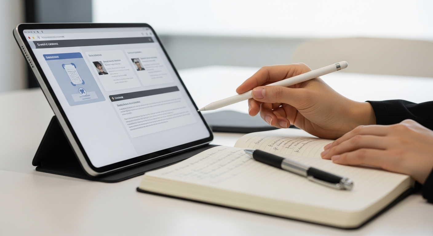 Bàn tay dùng bút stylus tương tác máy tính bảng hiển thị module học trực tuyến, bên cạnh là sổ ghi chép. Khung cảnh làm việc tại nhà hiện đại, minh họa việc học hỏi cách kiếm tiền online tại nhà không cần vốn.