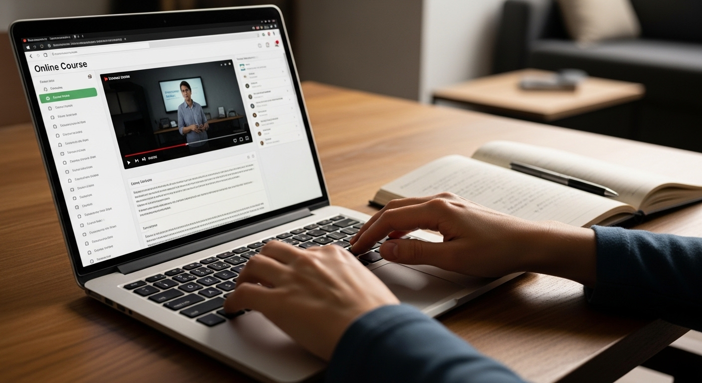 Học viên đang gõ laptop, theo dõi khóa học online chuyên nghiệp, trang bị kỹ năng để kiếm tiền bằng máy tính hiệu quả.