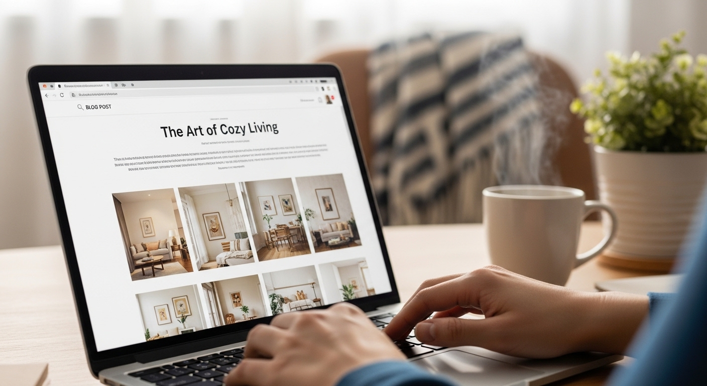 Cận cảnh màn hình laptop hiển thị giao diện blog post với văn bản rõ ràng, đôi tay đang tích cực gõ phím trong không gian làm việc ấm cúng tại nhà, thể hiện cách kiếm tiền tại nhà qua nội dung số.