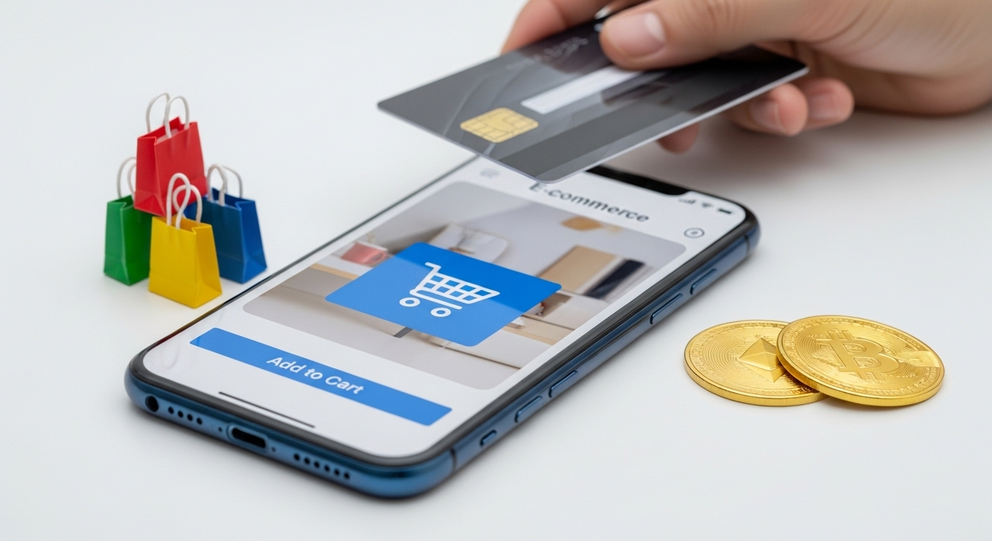 Màn hình điện thoại hiển thị giỏ hàng thương mại điện tử, tay cầm ví số, cùng túi mua sắm và tiền kỹ thuật số. Mô tả thanh toán online hoặc chi tiêu từ app kiếm tiền online.