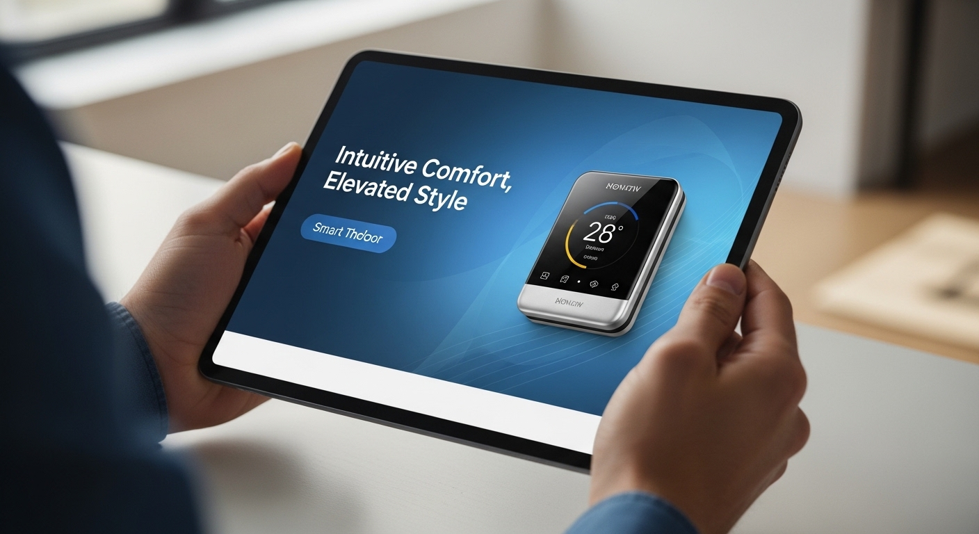 Tay người cầm máy tính bảng hiện đại, màn hình hiển thị quảng cáo sản phẩm được tạo động và cá nhân hóa. Hình ảnh minh họa Dynamic Ads là gì qua một ví dụ trực quan trong không gian văn phòng/nhà ở hiện đại mờ ảo.