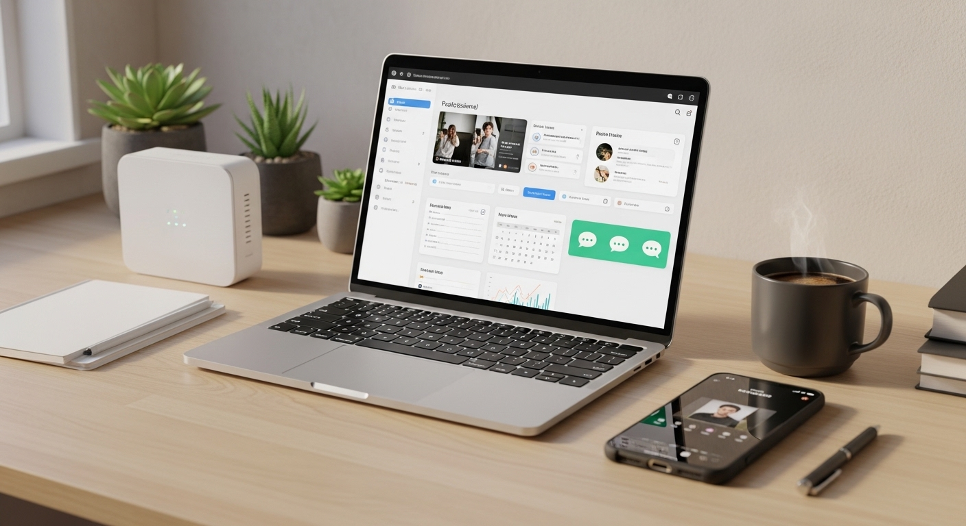 Bàn làm việc gọn gàng với laptop mở hiển thị giao diện chuyên nghiệp, điện thoại thông minh và router Wi-Fi, lý tưởng để kiếm tiền online hiệu quả.