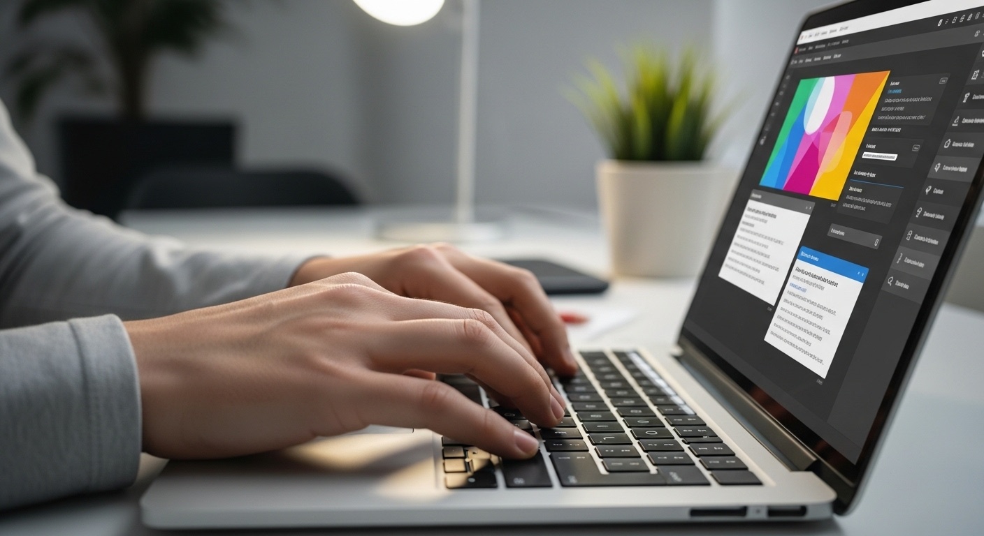 Tay học sinh đang gõ laptop, màn hình hiển thị công việc thiết kế hoặc viết nội dung sáng tạo. Minh họa cách kiếm tiền cho học sinh sinh viên qua công việc tự do.