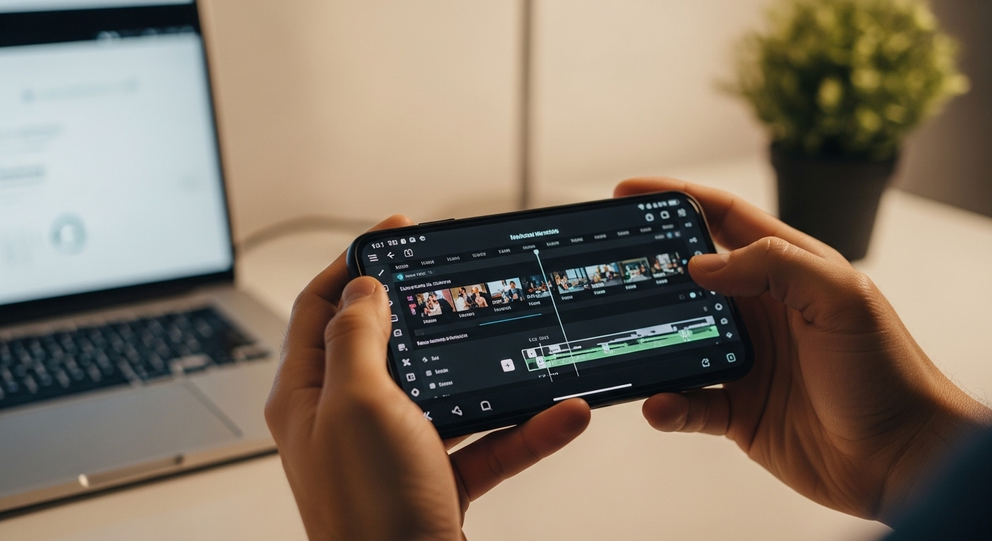 Cận cảnh tay đang dùng điện thoại ngang chỉnh sửa video tại bàn làm việc tại nhà, minh họa việc kiếm tiền online tại nhà bằng điện thoại qua công việc sáng tạo nội dung.