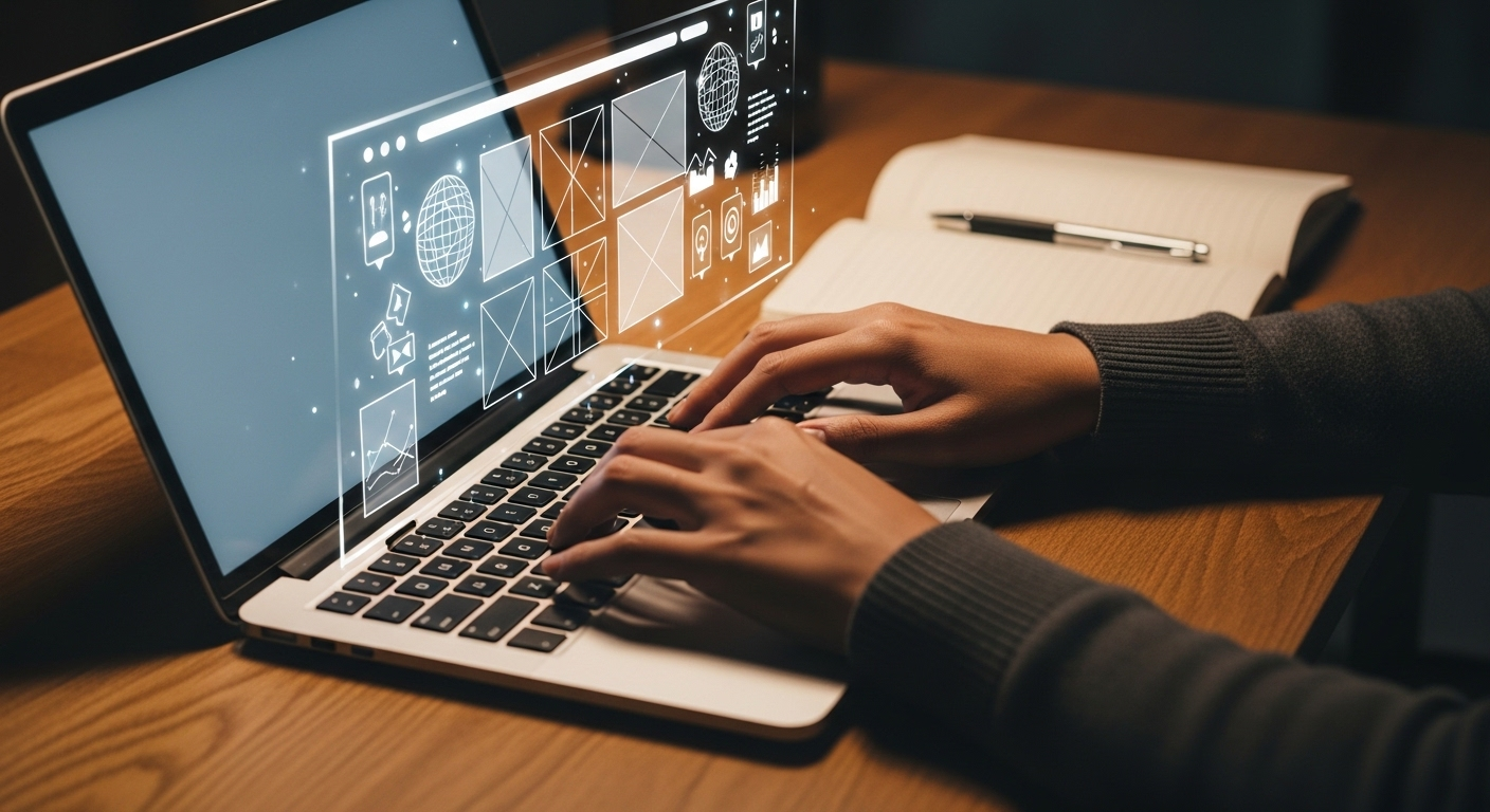 Cận cảnh tay đang gõ bàn phím laptop trên bàn gỗ, màn hình hiển thị nội dung website ảo, minh họa quá trình làm việc và kiếm tiền online.