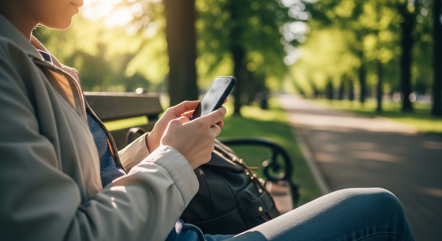 Một người ngồi thoải mái trên ghế công viên, chăm chú sử dụng smartphone để xem app kiếm tiền online, với cây xanh tươi tốt và lối đi bộ mờ ảo dưới ánh nắng ban ngày.