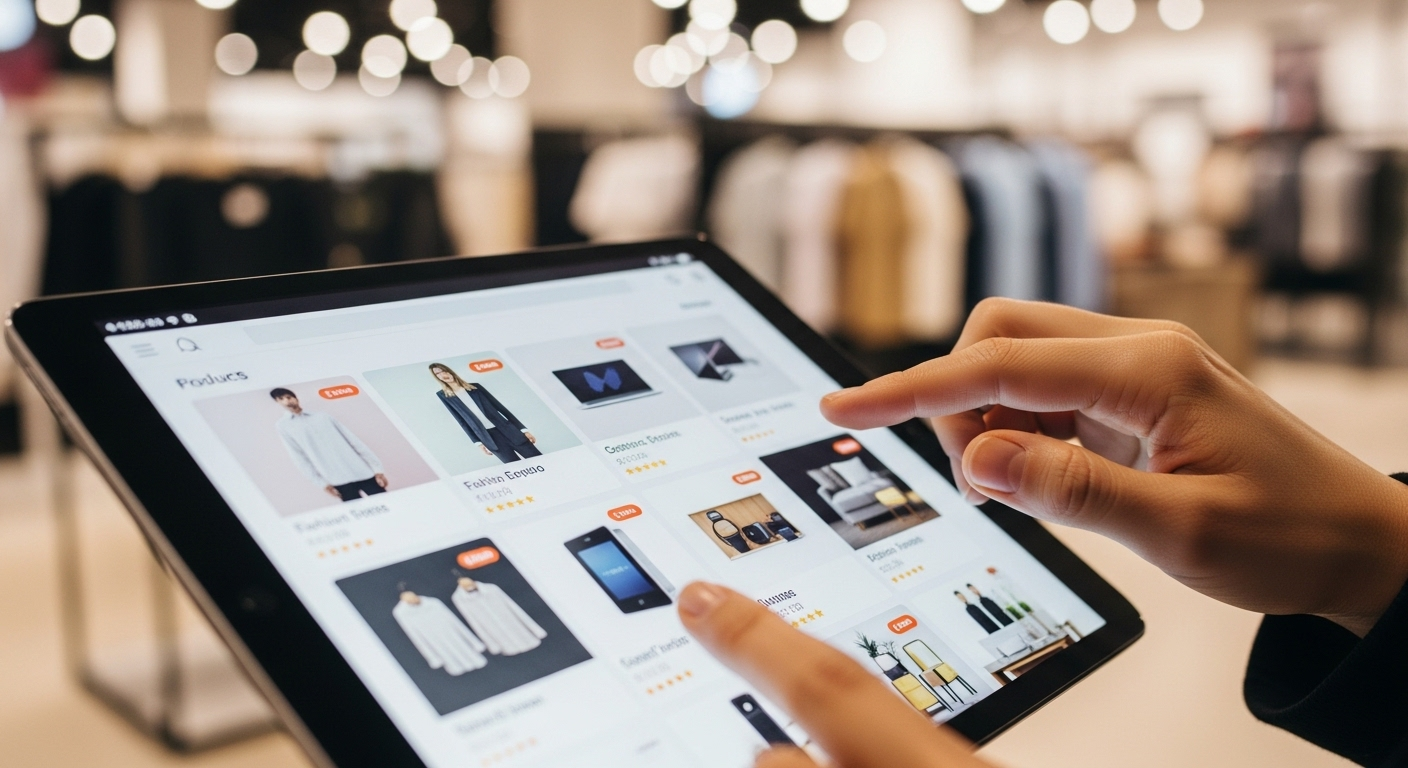 Người dùng tương tác với trang thương mại điện tử trên máy tính bảng, gợi ý về cách kiếm tiền online không cần vốn hiệu quả.