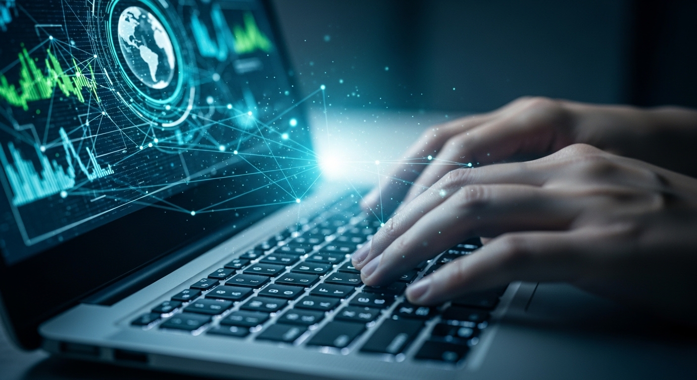 Tay đang gõ bàn phím laptop hiện đại, màn hình hiển thị dữ liệu và kết nối kỹ thuật số toàn cầu, minh họa hiệu quả các cách kiếm tiền tại nhà.