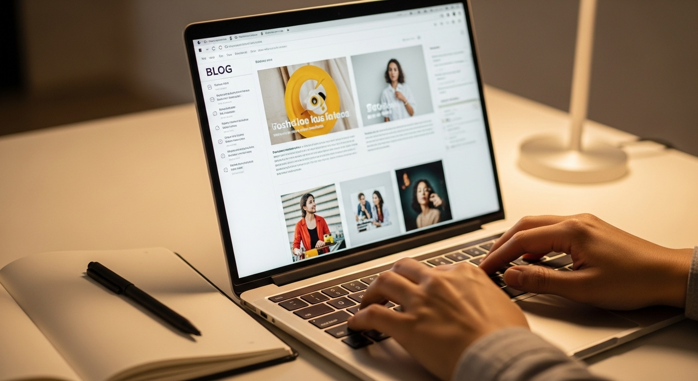 Bàn tay đang gõ phím trên laptop, màn hình hiển thị một blog post rõ ràng. Hình ảnh này minh họa việc tạo nội dung chất lượng cho một web kiếm tiền online, với sổ và bút trên bàn làm việc gọn gàng.