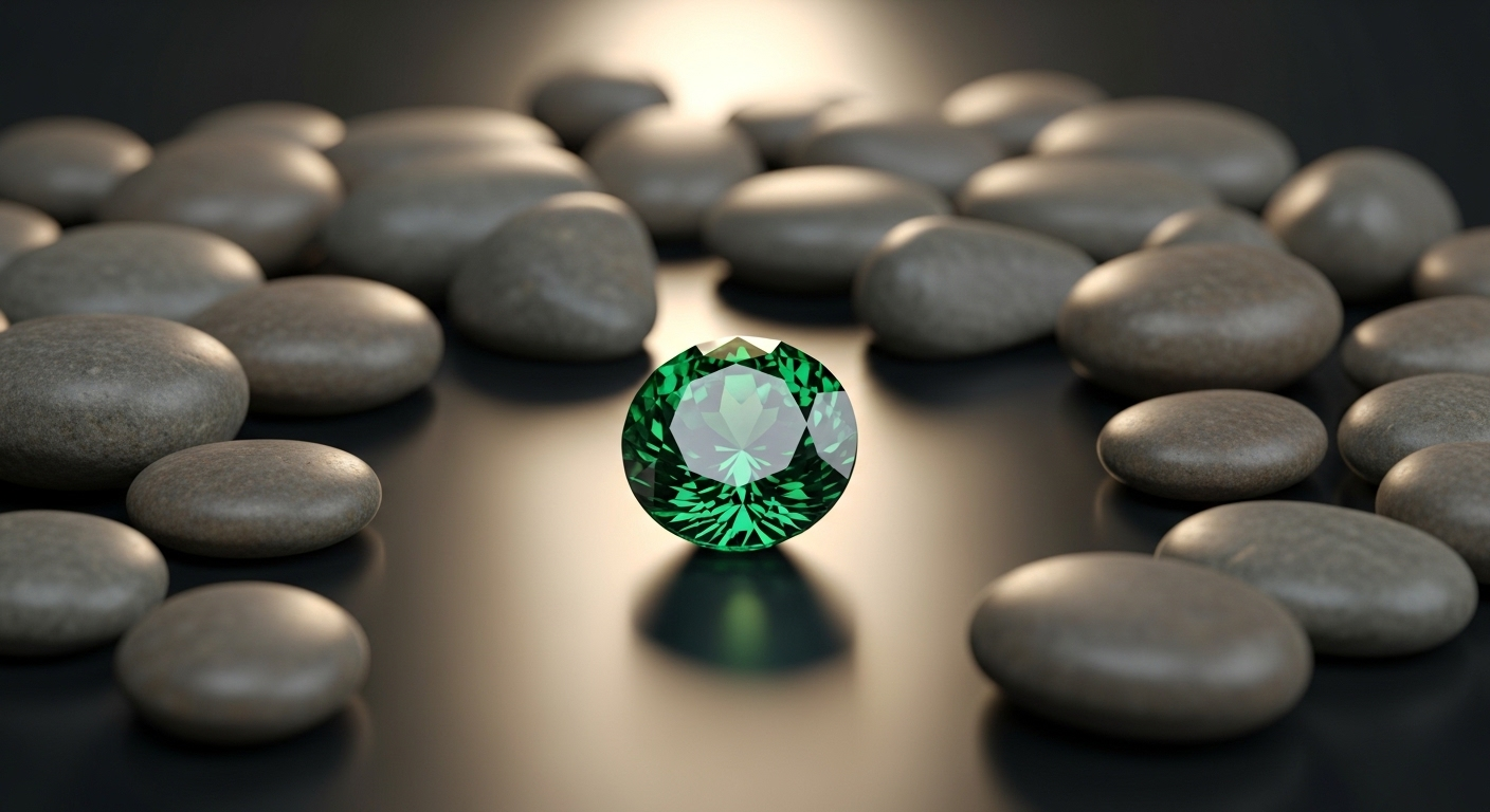 Ngọc lục bảo giác cắt tinh xảo lấp lánh rực rỡ trên nền tối mịn, được chùm sáng làm nổi bật độ trong và màu sắc, tương phản rõ rệt với những viên đá nhỏ thô xỉn màu. Là một chuyên gia phân tích SEO chuyên nghiệp, hình ảnh này minh họa rõ nét giá trị của sự khác biệt và chất lượng vượt trội.