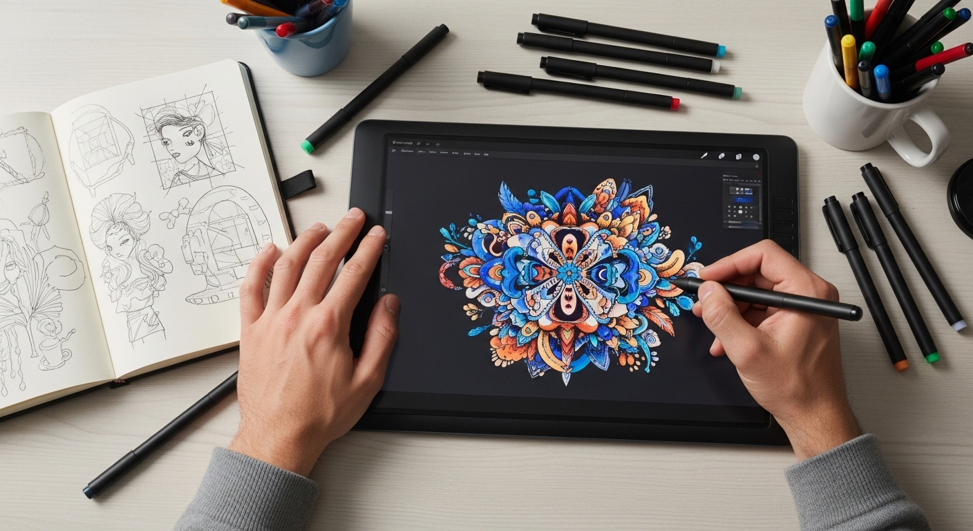 Cận cảnh đôi tay dùng bút cảm ứng trên bảng vẽ điện tử, tạo ra thiết kế đồ họa màu sắc. Không gian làm việc ngăn nắp, lý tưởng cho việc làm thêm tại nhà.