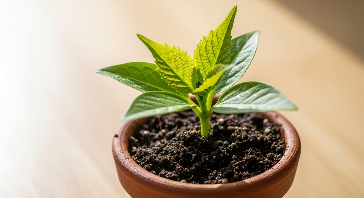Cây mầm xanh non tươi đang đâm chồi từ đất màu mỡ trong chậu đất sét, tượng trưng cho khởi đầu nhỏ nhưng đầy tiềm năng để kiếm tiền online không cần vốn.