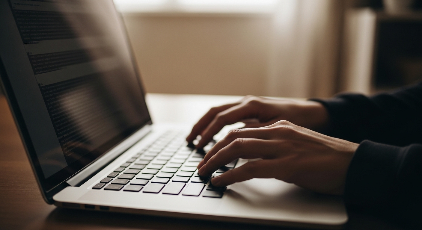 Cận cảnh đôi tay gõ phím laptop có đèn nền, màn hình hiển thị nội dung tìm hiểu cách kiếm tiền online tại nhà.