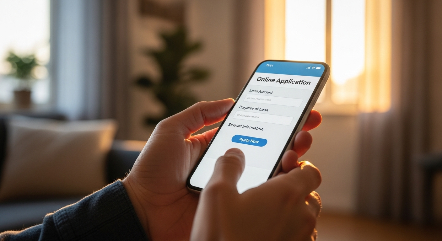 Cận cảnh bàn tay đang cầm smartphone hiển thị giao diện app vay tiền online thân thiện, trong bối cảnh phòng khách ấm cúng.