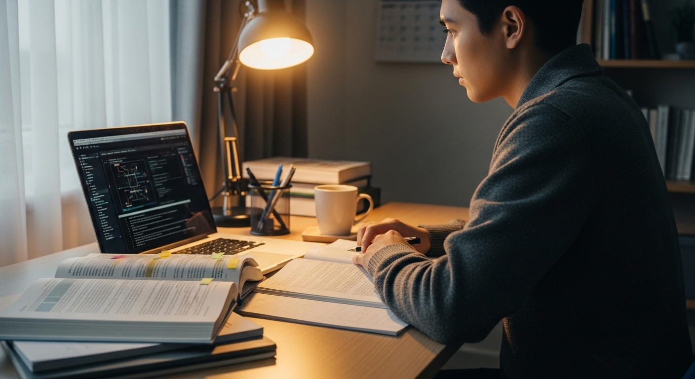 Học sinh tập trung học online trên laptop tại bàn làm việc ngăn nắp, rèn luyện kỹ năng cho các web kiếm tiền online tại nhà.