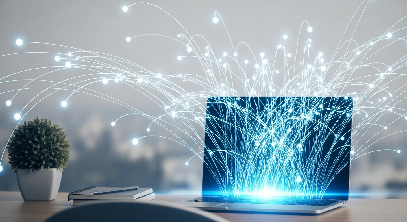 Mạng lưới kỹ thuật số xanh trắng phát sáng từ màn hình laptop, tượng trưng cho vô vàn cơ hội online và cách kiếm tiền online cho học sinh không cần vốn.