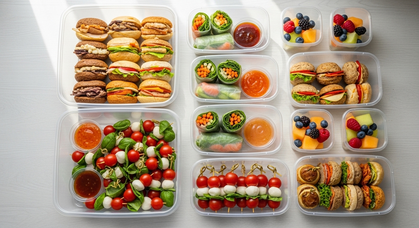 Bánh mì sandwich mini nhiều màu sắc và gỏi cuốn rau củ, đóng gói tinh tế trong hộp trong suốt, sẵn sàng cho dịch vụ giao hàng online. Minh họa cho một nghề dễ kiếm tiền trong ngành thực phẩm.