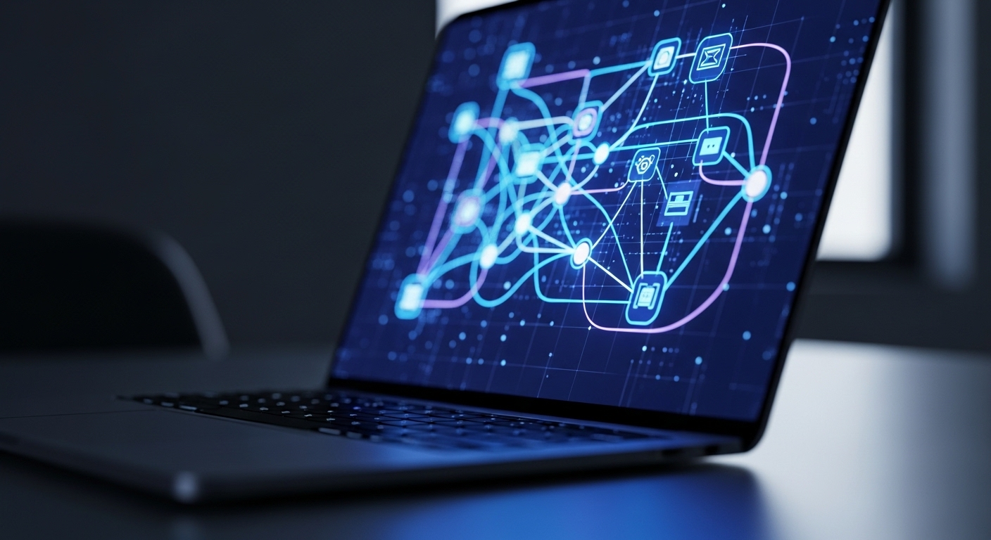 Màn hình laptop cận cảnh hiển thị mạng lưới số và luồng dữ liệu, tượng trưng cho cơ hội kiếm tiền online trong văn phòng hiện đại. Màn hình laptop cận cảnh hiển thị mạng lưới số và luồng dữ liệu, tượng trưng cho cơ hội kiếm tiền online trong văn phòng hiện đại.