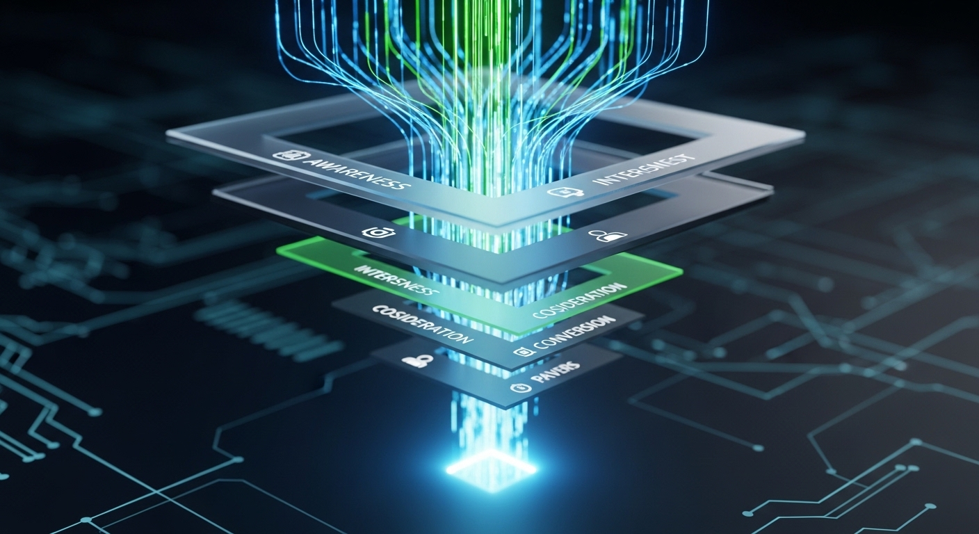 Hình ảnh phễu marketing số trừu tượng với luồng dữ liệu xanh/xanh lá hội tụ, minh họa tầm quan trọng của việc tối ưu Landing Page Facebook để tăng tỷ lệ chuyển đổi.