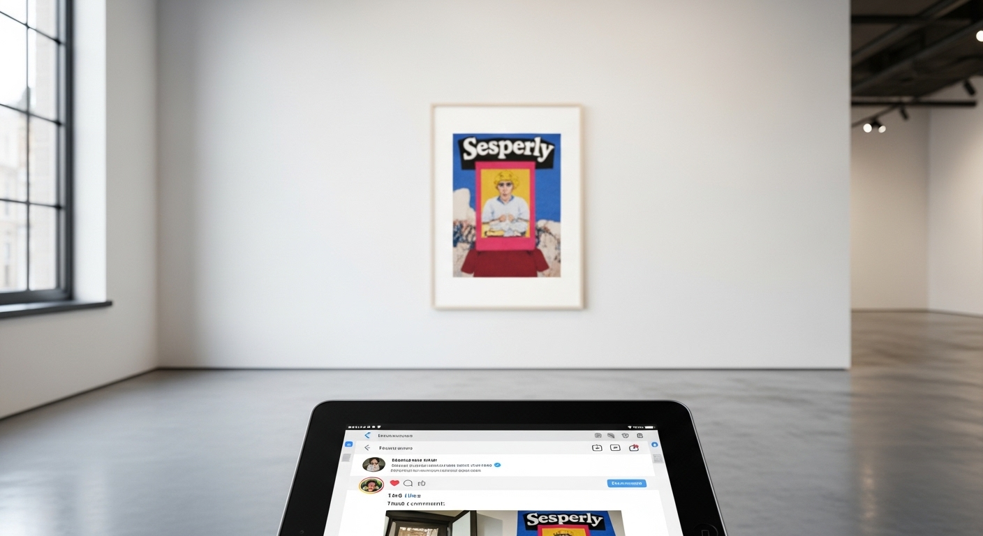 Trưng bày một bài đăng mạng xã hội biểu tượng trong gallery nghệ thuật hiện đại, với máy tính bảng bên cạnh hiển thị bài gốc. Hình ảnh minh họa cách nội dung số trở thành giá trị mới, gợi mở những cách kiếm tiền lạ đời từ không gian mạng.