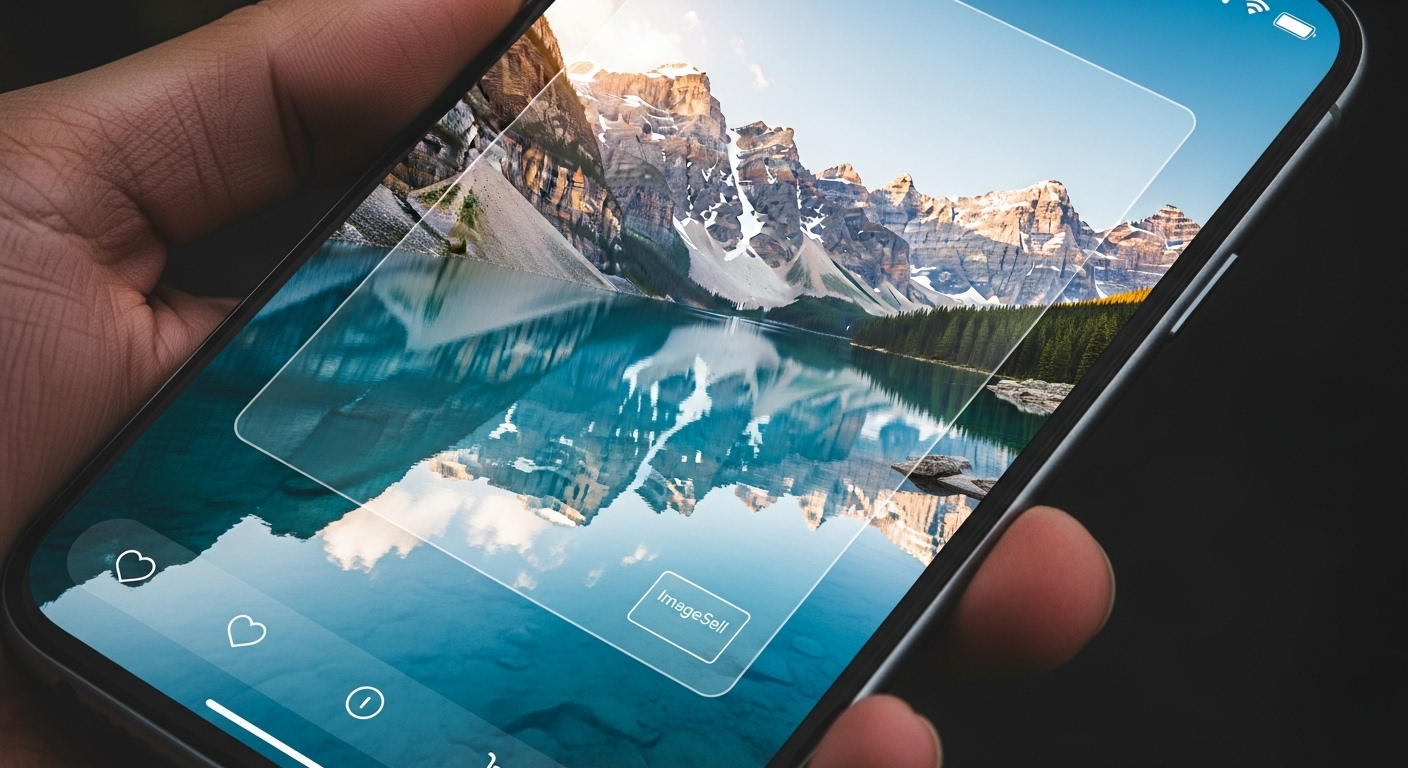 Màn hình smartphone hiển thị ảnh phong cảnh núi hồ tuyệt đẹp qua nền tảng bán ảnh, gợi mở cách kiếm tiền từ nhiếp ảnh trực tuyến. Màn hình smartphone hiển thị ảnh phong cảnh núi hồ tuyệt đẹp qua nền tảng bán ảnh, gợi mở cách kiếm tiền từ nhiếp ảnh trực tuyến.