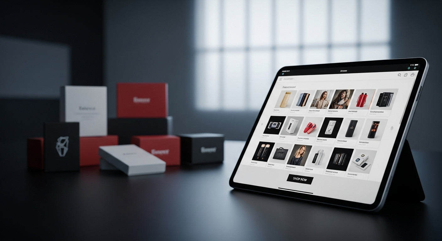 Máy tính bảng hiển thị cửa hàng trực tuyến và các hộp sản phẩm đóng gói gọn gàng, minh họa tiềm năng kiếm tiền từ công nghệ trong môi trường e-commerce hiện đại.