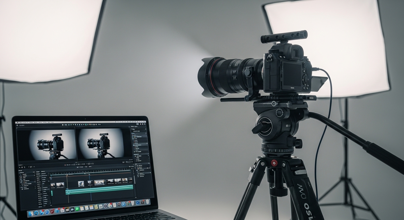 Studio quay video chuyên nghiệp với máy ảnh, laptop chỉnh sửa. Tạo nội dung chất lượng và phát triển kênh với dịch vụ tăng sub Youtube.