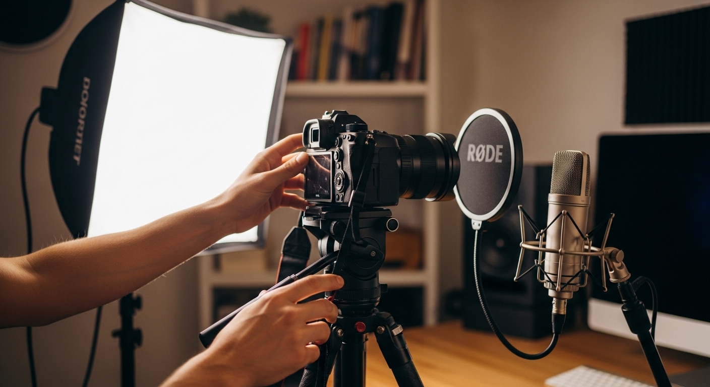 Góc quay chuyên nghiệp tại nhà với máy ảnh, đèn softbox và micro condenser, tối ưu để tăng view và sub cho kênh Youtube hiệu quả.