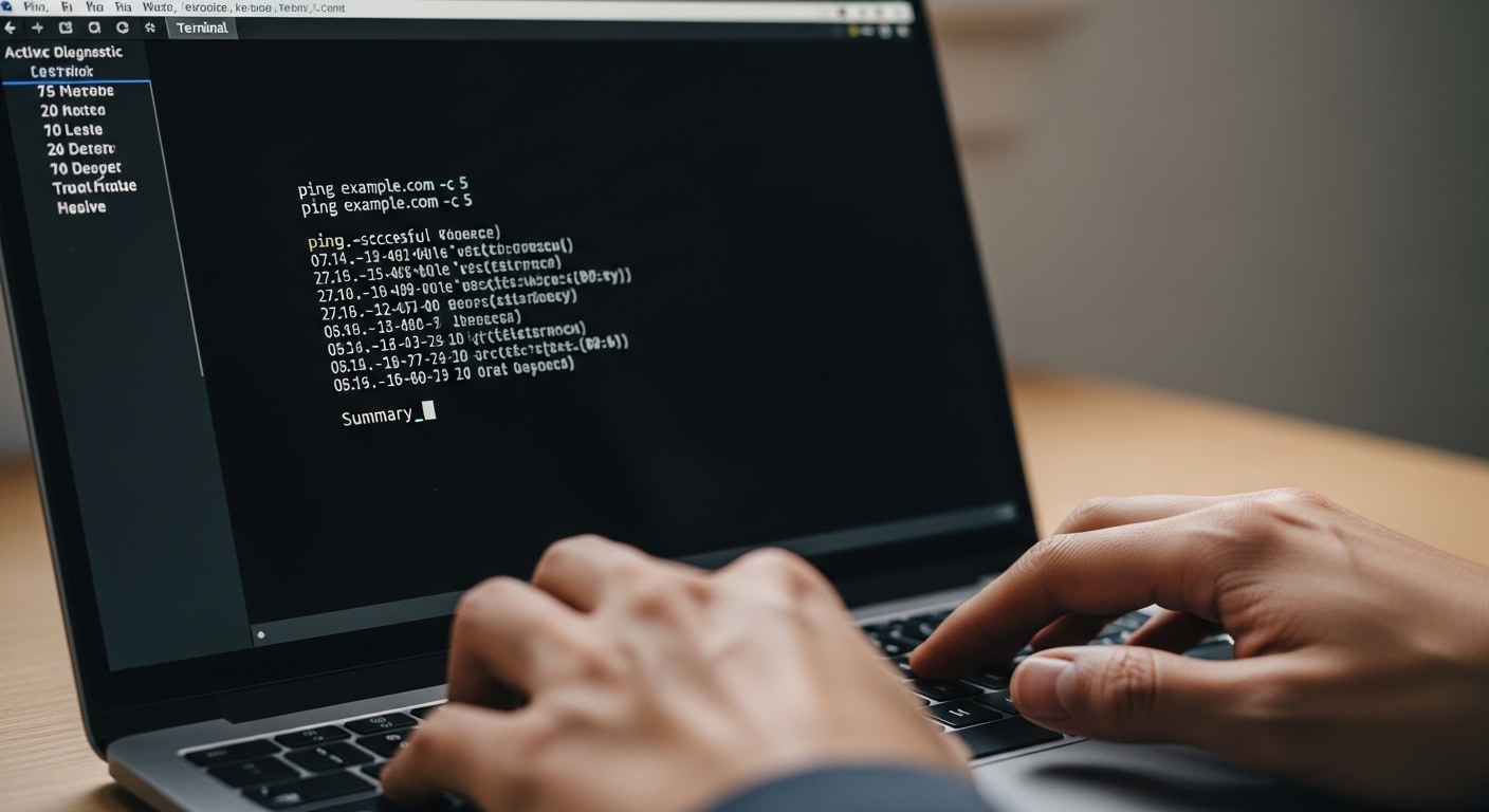 Đôi tay đang gõ bàn phím laptop, màn hình hiển thị cửa sổ Terminal với lệnh và kết quả của thao tác Cách Ping địa chỉ IP để kiểm tra kết nối mạng.