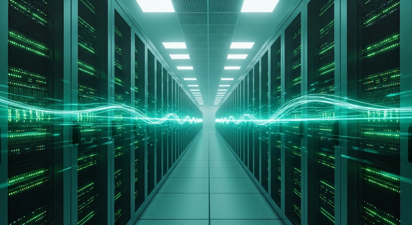 Quang cảnh trung tâm dữ liệu khổng lồ với hàng dài tủ máy chủ dưới ánh sáng xanh trắng huyền ảo, biểu trưng cho dòng dữ liệu tốc độ cao. Hạ tầng này là nền tảng cho nhiều dịch vụ trực tuyến, và là bối cảnh quan trọng khi tìm hiểu Proxy dân cư là gì.