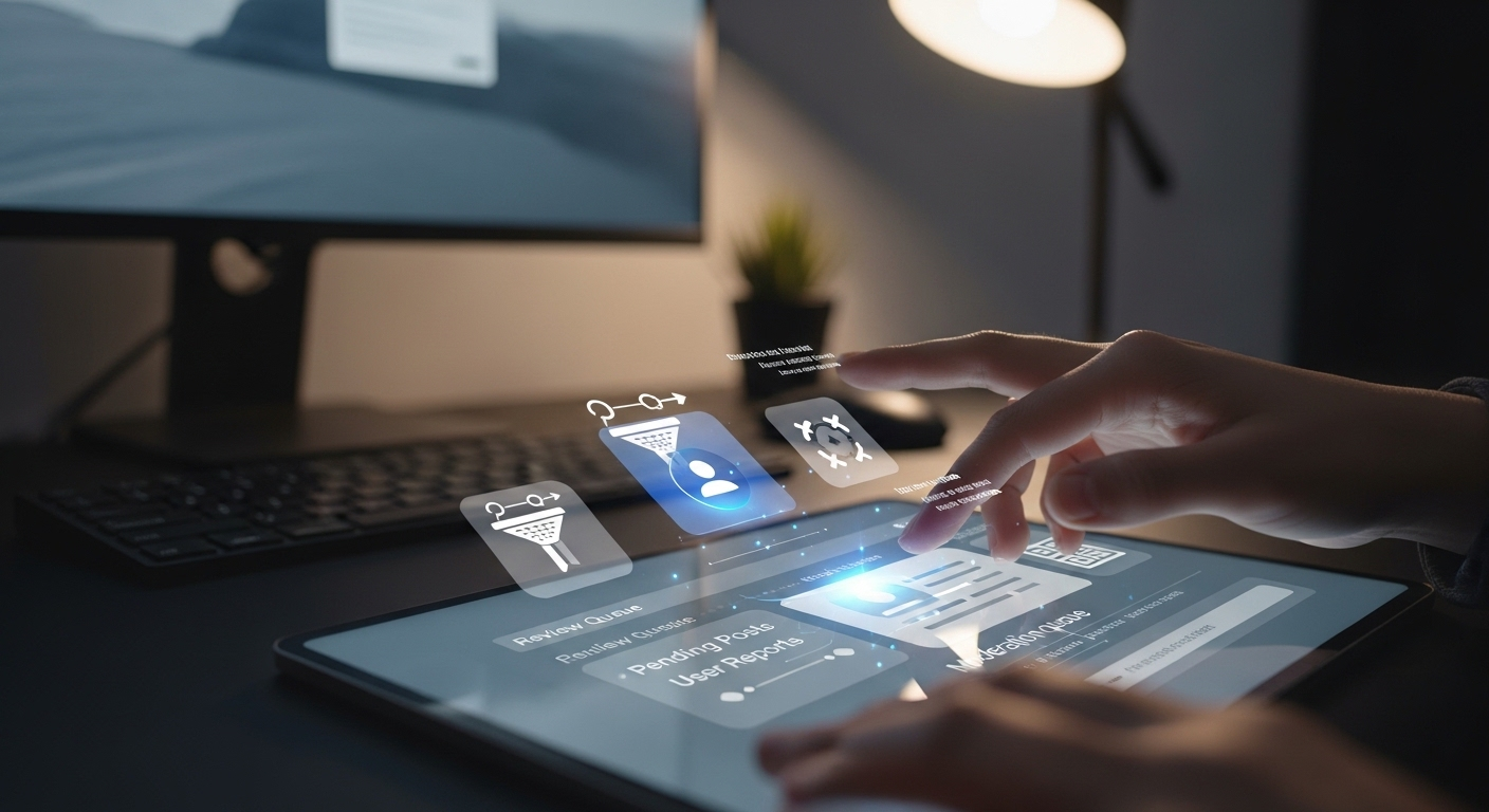 Tay người dùng đang thao tác trên máy tính bảng hiển thị giao diện kiểm duyệt cộng đồng YouTube Studio để lọc nội dung và quản lý người dùng.