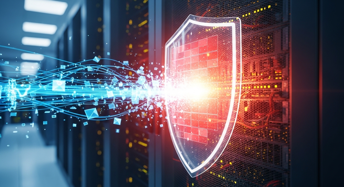 Tường lửa kỹ thuật số bảo vệ server rack, ngăn chặn luồng dữ liệu độc hại. Minh họa quản lý bảo mật mạng cho VPS Windows Server, đặc biệt quan trọng khi bật Ping/ICMP.