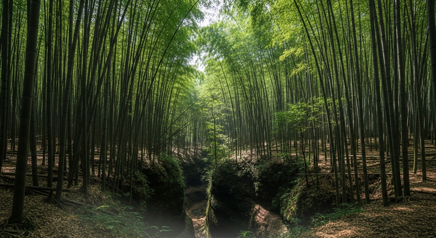Rừng tre bạt ngàn với hẻm núi đá bí ẩn và ánh nắng xuyên kẽ lá – một seed Minecraft tốt nhất cho khám phá.