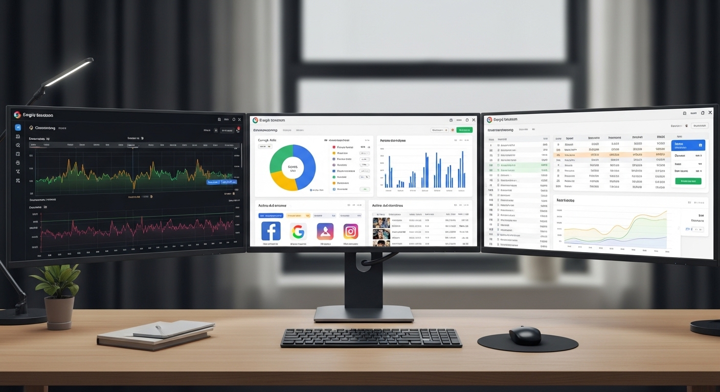 Máy trạm đa màn hình hiển thị bảng điều khiển quảng cáo số, cho thấy việc quản lý hiệu quả các chiến dịch như chạy quảng cáo Facebook bằng VPS.