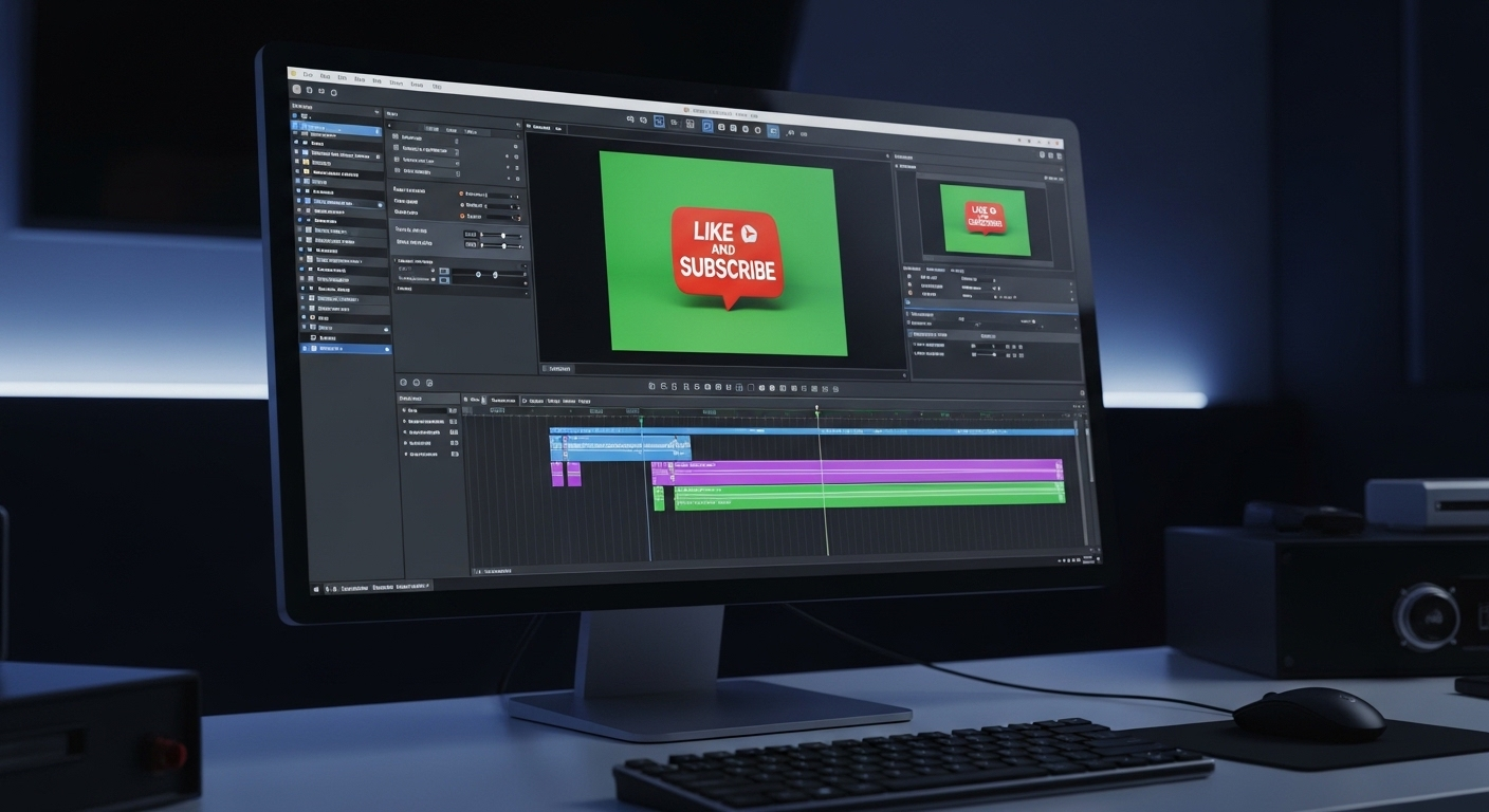 Màn hình máy tính hiển thị phần mềm chỉnh sửa video, với một clip màn hình xanh lá cây chuẩn bị chèn pop up nút Like và Sub cho video Youtube.