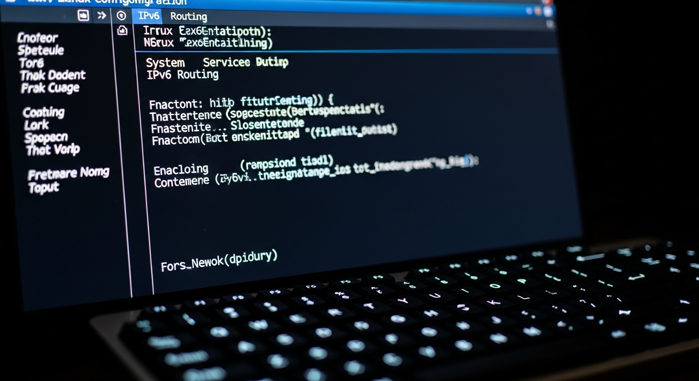 Màn hình máy tính hiển thị terminal Linux với các lệnh cấu hình mạng IPv6 và trạng thái dịch vụ hệ thống, minh họa quá trình tạo proxy ipv6 trên vps hiệu quả. Bàn phím ở tiền cảnh.