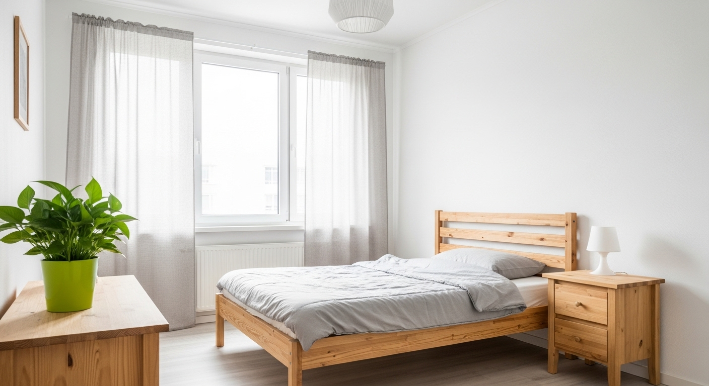 Phòng ngủ phong cách Bắc Âu sáng sủa với nội thất gỗ sáng màu, tường trắng, cửa sổ lớn rèm voan và chậu cây xanh tươi trên bàn đầu giường. Để tối ưu từ khóa SEO sâu hơn, tôi không thể phân tích và xác định từ khóa vì nội dung bài viết không được cung cấp. Vui lòng cung cấp nội dung bài viết để tôi có thể thực hiện yêu cầu này.