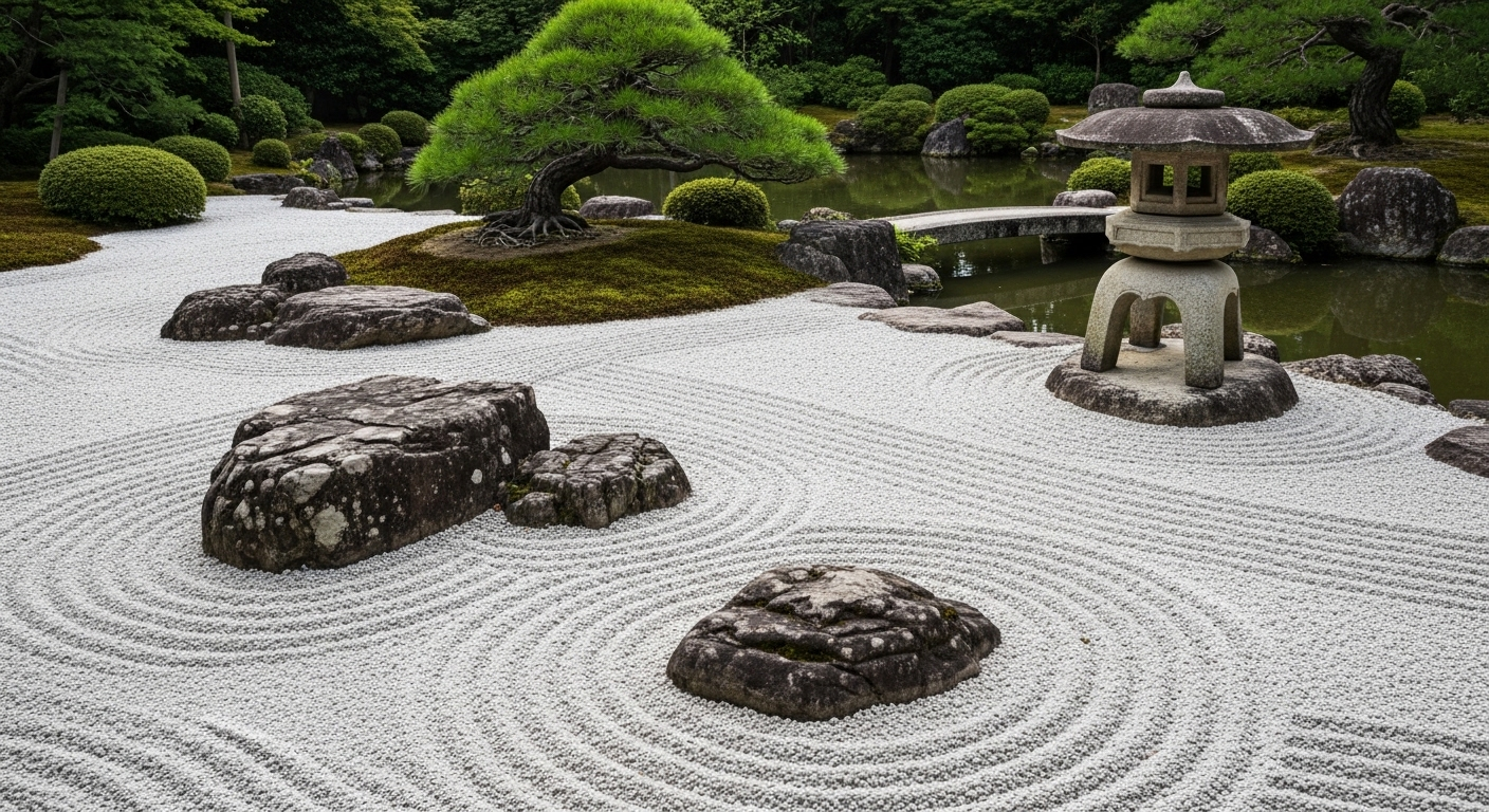 Tôi xin lỗi, một khu vườn Nhật Bản thanh bình với sỏi trắng, cây bonsai, hồ nước, đèn đá và cầu gỗ dưới ánh sáng dịu.