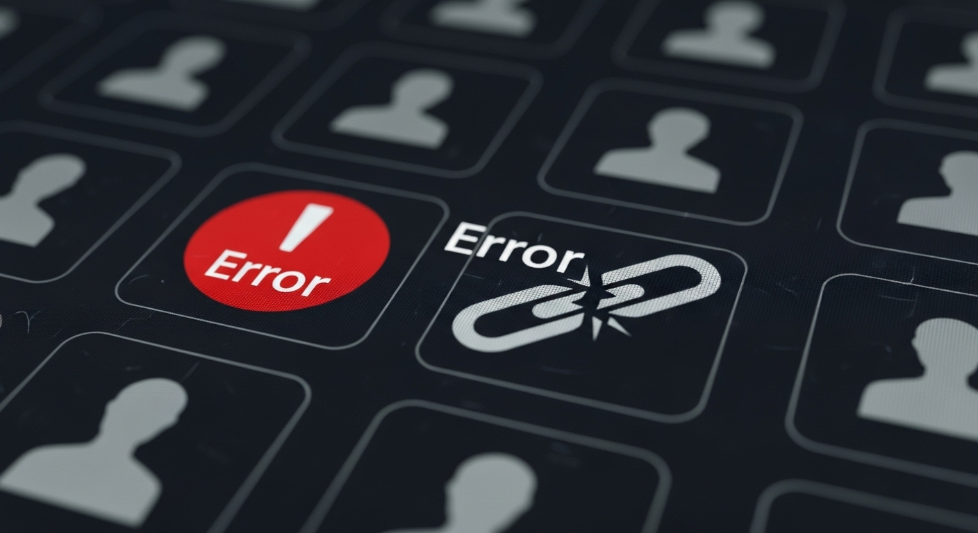 Màn hình kỹ thuật số hiển thị biểu tượng lỗi và chuỗi liên kết bị đứt, ám chỉ sự cố bảo mật nghiêm trọng hoặc một vụ hack như YouTube ảnh hưởng đến nhiều tài khoản người dùng.