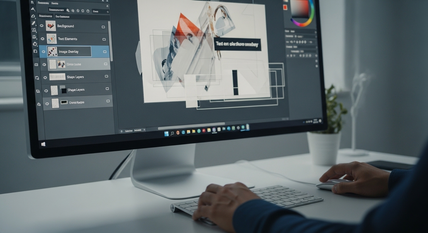 Bàn tay đang thao tác trên máy tính, màn hình lớn hiển thị giao diện phần mềm thiết kế đồ họa với các lớp và văn bản. Minh họa cách làm thumbnail Youtube sáng tạo.