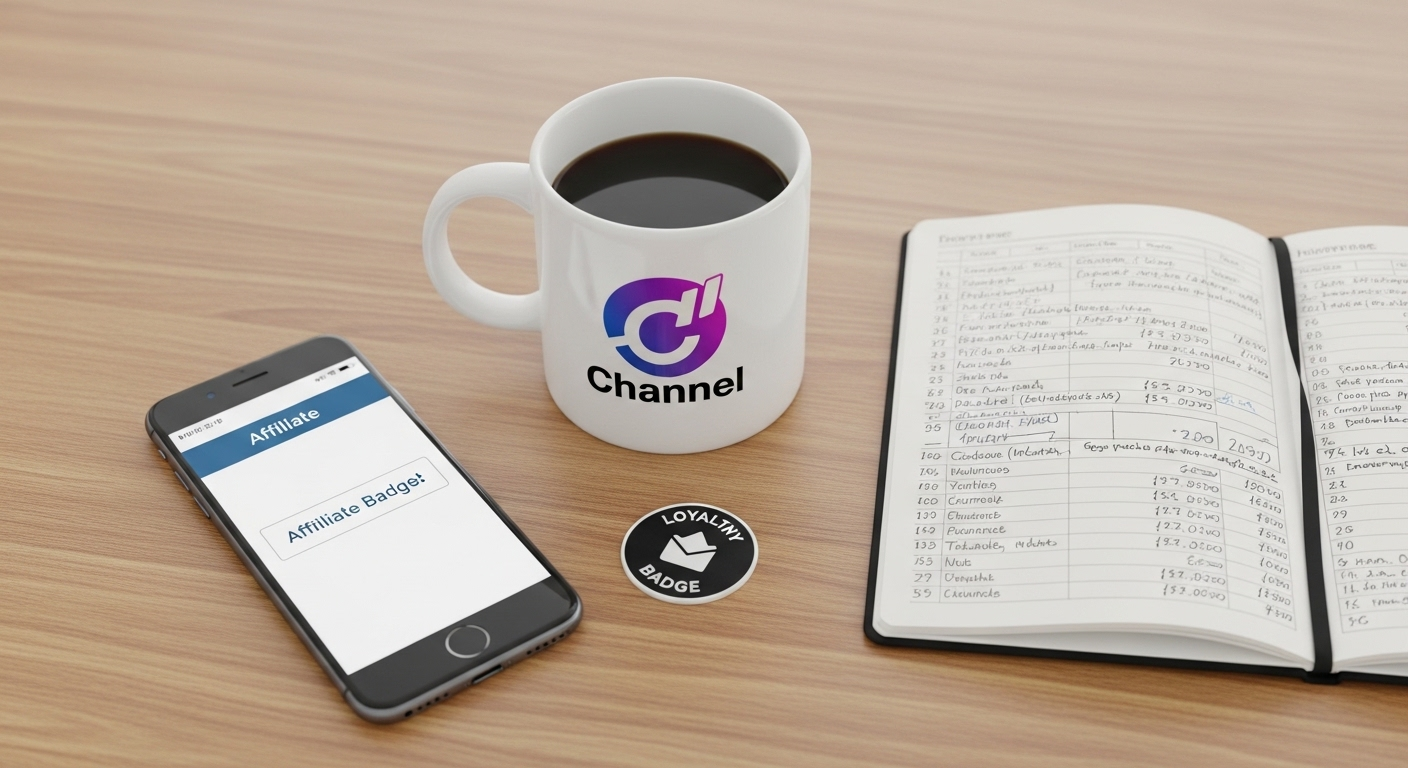 Flat lay với điện thoại hiển thị liên kết affiliate, sổ tay kế hoạch, ly cà phê logo kênh và biểu tượng huy hiệu thành viên.