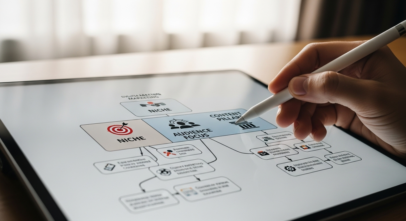 Màn hình máy tính bảng cận cảnh hiển thị sơ đồ tư duy kỹ thuật số, hướng dẫn cách làm kênh youtube chuyên nghiệp với các mục Niche, Đối tượng và Nội dung chính.
