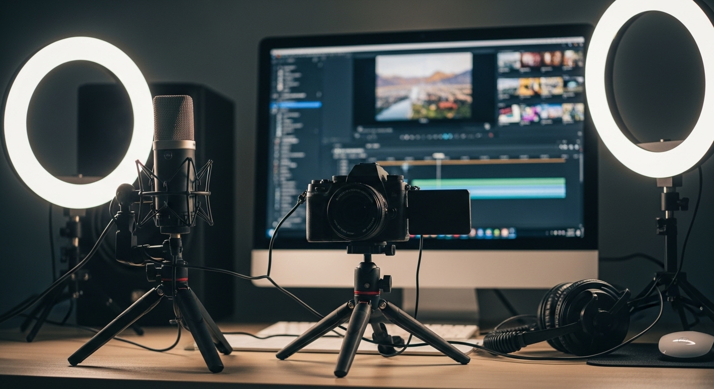 Thiết lập bàn làm việc chuyên nghiệp với máy ảnh mirrorless, micro, đèn ring light và màn hình chỉnh sửa video, minh họa các công cụ cần thiết cho cách tạo kênh YouTube kiếm tiền hiệu quả.