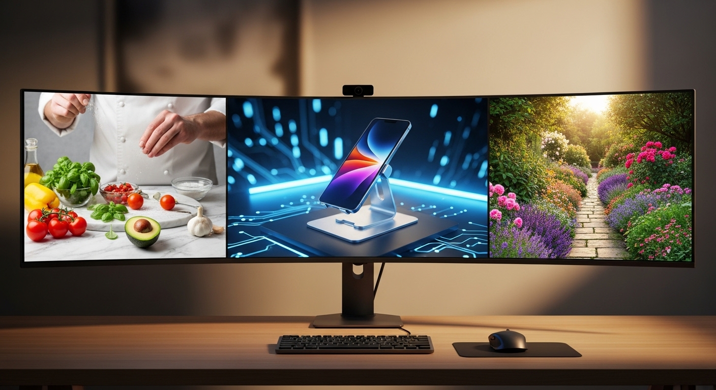 Màn hình đa bảng hiển thị các nội dung YouTube đa dạng như nấu ăn, đánh giá công nghệ và cảnh vườn, minh họa nhiều cách kiếm tiền YouTube từ các kênh khác nhau.