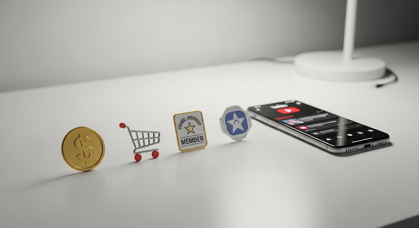 Bàn làm việc tối giản với điện thoại thông minh hiển thị ứng dụng YouTube, cùng các biểu tượng nguồn thu nhập như đô la, giỏ hàng, huy hiệu thành viên kênh, minh họa đa dạng cách kiếm tiền trên Youtube.