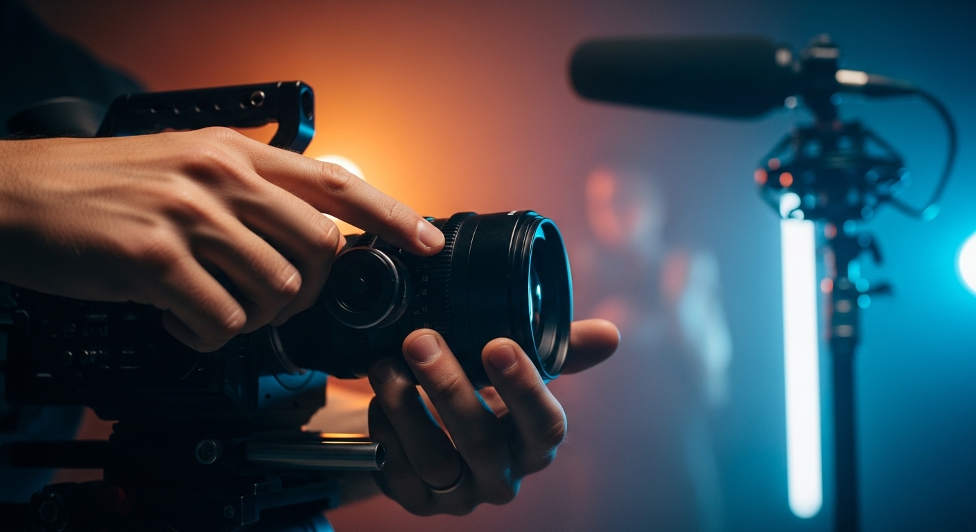 Tay đang điều chỉnh tiêu cự máy quay chuyên nghiệp, cùng mic phòng thu trong bối cảnh được chiếu sáng sáng tạo, nhấn mạnh việc sáng tạo nội dung chuyên nghiệp để đạt điều kiện bật kiếm tiền Youtube.