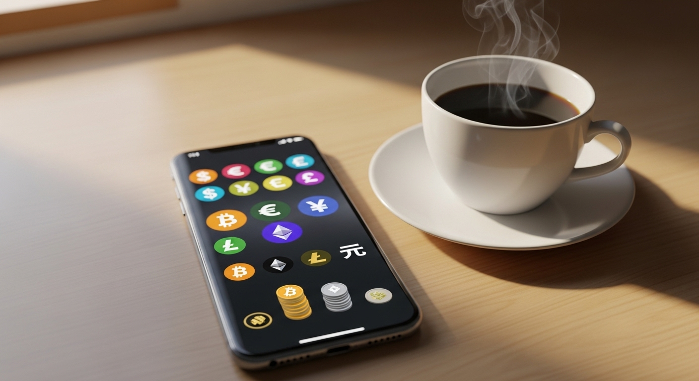 Góc nhìn cận cảnh bàn làm việc tối giản với điện thoại hiển thị các biểu tượng tiền tệ và tiền kỹ thuật số, gợi liên tưởng đến việc tìm hiểu điều kiện bật kiếm tiền Youtube hoặc các hình thức thu nhập online khác, cạnh tách cà phê bốc hơi trong không gian tĩnh lặng.